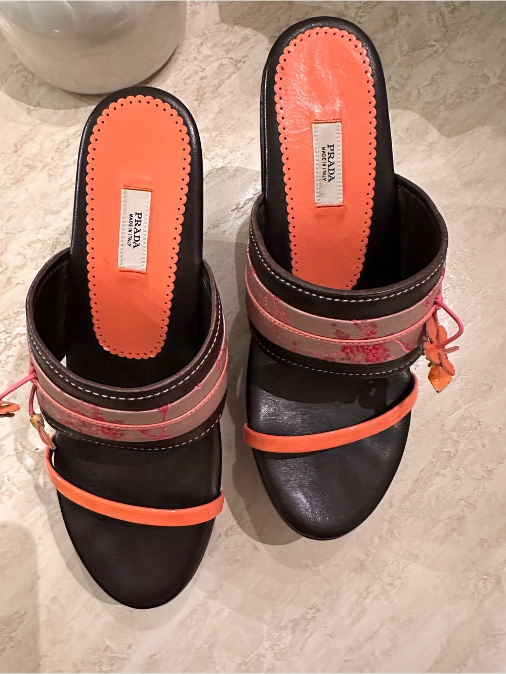 Prada NWOT Leather Wedge Sandals 36.5 EU Coral Orange Brown Floral Made in Italy